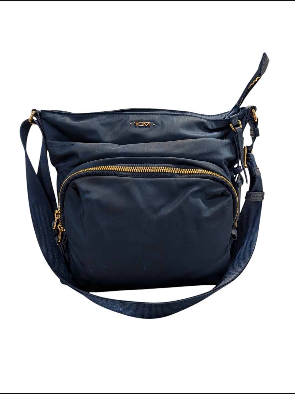 TUMI Voyageur navy nylon crossbody bag gold-tone hardware Medium